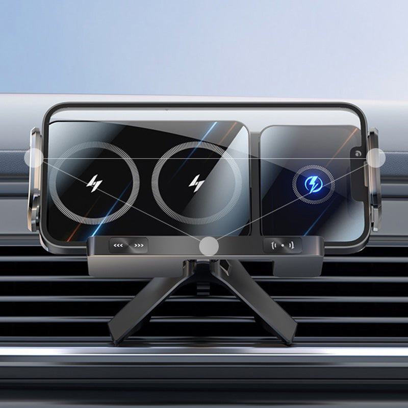 📢Dernières 3 heures : Grande vente⏰Support de téléphone de voiture sans fil à double bobine avec fonction de charge sans fil
