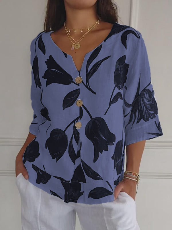 👚2024 Nouvelle chemise imprimée à manches courtes et col en V