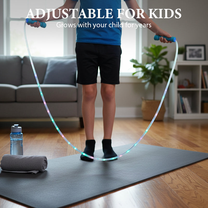 📢📢Achetez 2, obtenez 1 gratuit ! 🏅Corde à sauter lumineuse LED pour enfants – 3 modes d’éclairage, longueur réglable & poignées antidérapantes ! ⏰✨👧