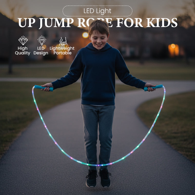 📢📢Achetez 2, obtenez 1 gratuit ! 🏅Corde à sauter lumineuse LED pour enfants – 3 modes d’éclairage, longueur réglable & poignées antidérapantes ! ⏰✨👧