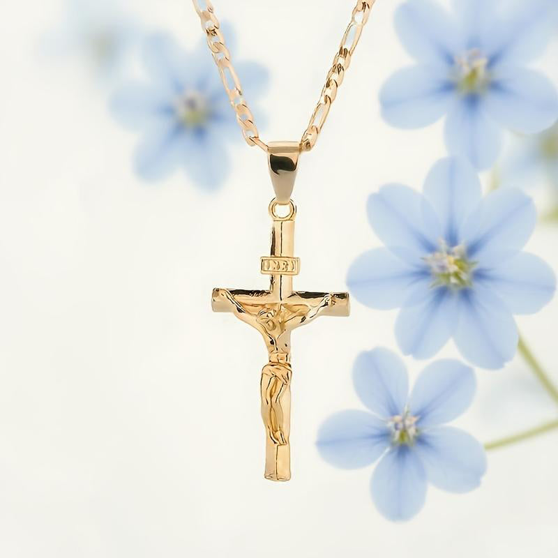 ✨ Collier Crucifix en Or – Motif INRI Détaillé, Chaîne Figaro Ajustable & Finition Éclatante 💛