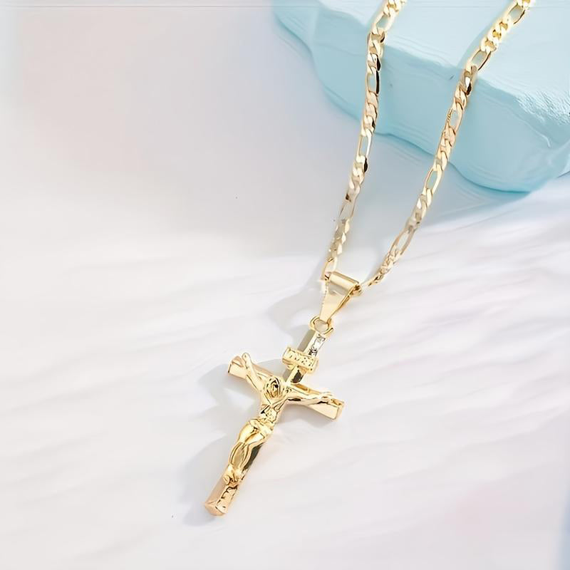 ✨ Collier Crucifix en Or – Motif INRI Détaillé, Chaîne Figaro Ajustable & Finition Éclatante 💛