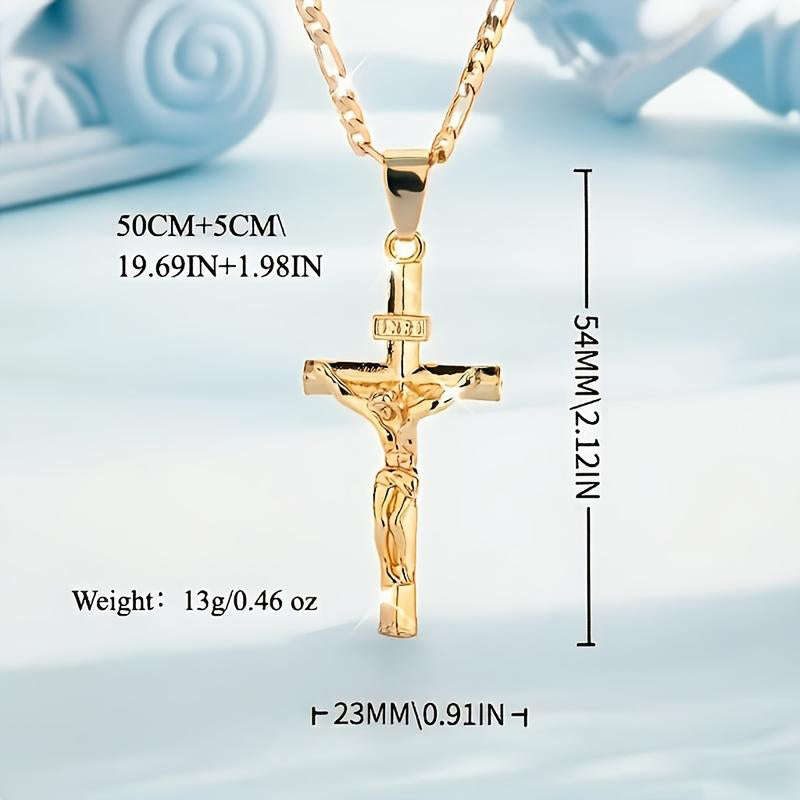 ✨ Collier Crucifix en Or – Motif INRI Détaillé, Chaîne Figaro Ajustable & Finition Éclatante 💛