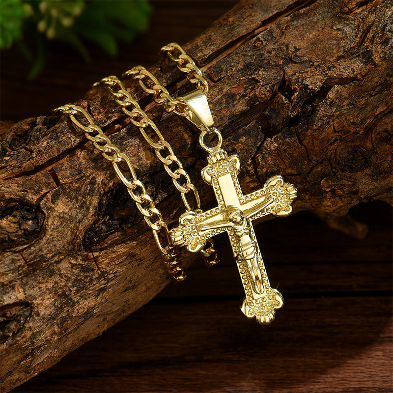 ✨ Collier Crucifix en Or – Motif INRI Détaillé, Chaîne Figaro Ajustable & Finition Éclatante 💛