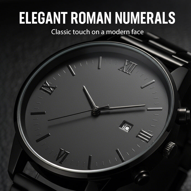 🎉💰 50 % de réduction ⚡ Montre quartz minimaliste pour homme avec date – Acier inoxydable entièrement noir, cadran romain et précision horlogère ! ⌚🖤