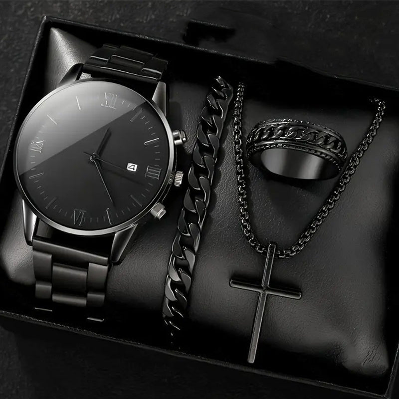 🎉💰 50 % de réduction ⚡ Montre quartz minimaliste pour homme avec date – Acier inoxydable entièrement noir, cadran romain et précision horlogère ! ⌚🖤