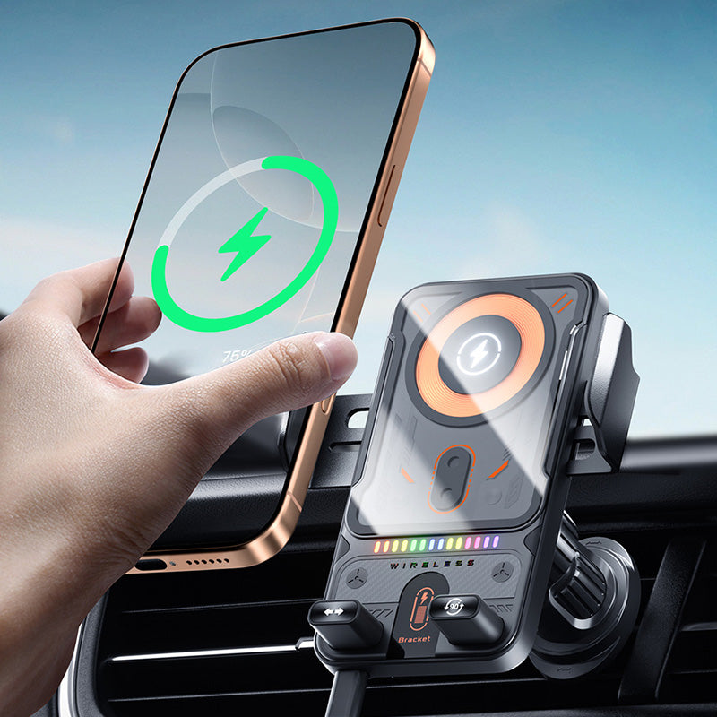 Support de téléphone rotatif intelligent et chargeur sans fil 2-en-1 pour voiture
